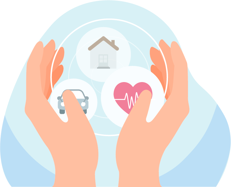 Hands holding house, car, and heart icons representing bundled insurance